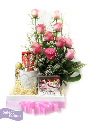 Roses with  chocolates selection in wooden box