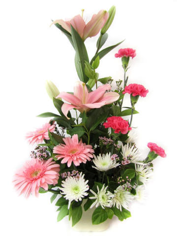 Mixed flower arrangement in plastic pot