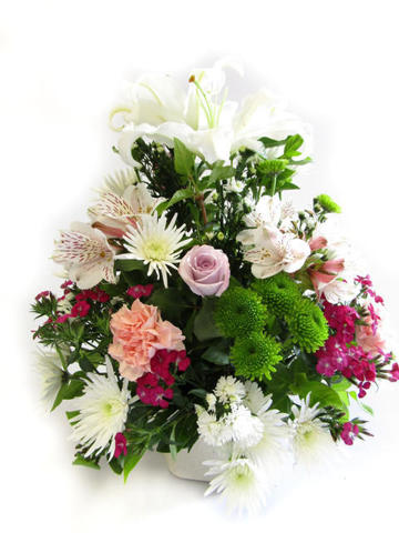 Mixed flowers arranged in plastic pot
