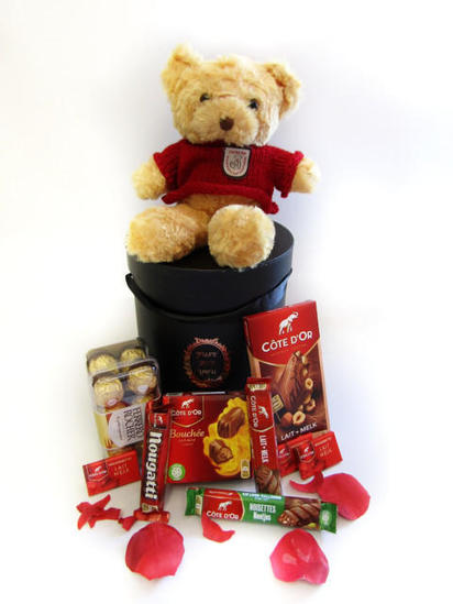 Ferreros and cote d'or chocolates with teddy bear in gift box