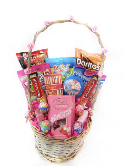 Chips, sweets and chocolates in gift basket
