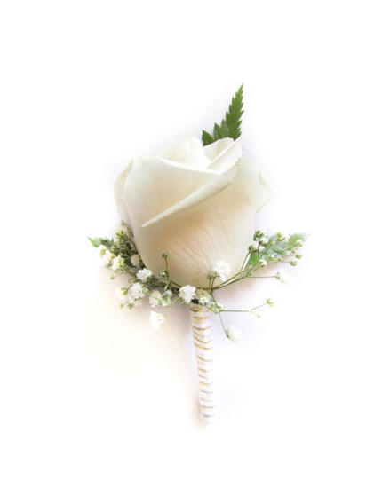 Rose buttonhole with fern and gyp