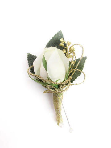 Rose buttonhole with leaf and pearl pin